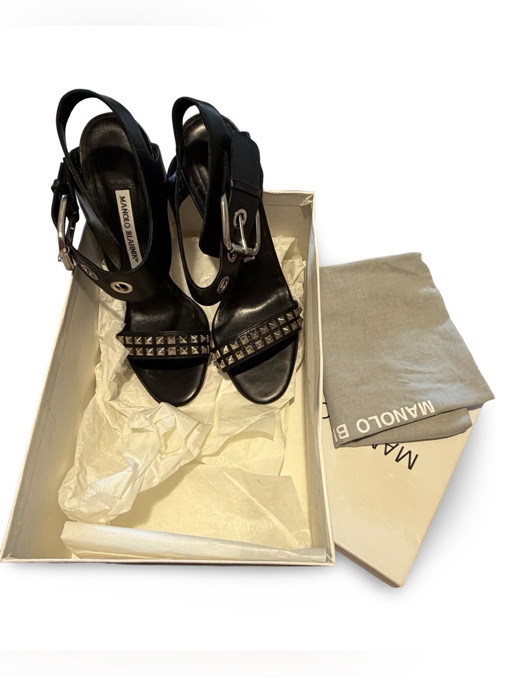 Manolo Blahnik Black Studded Leather‎ Buckle Ankle Strap Sandals, 38